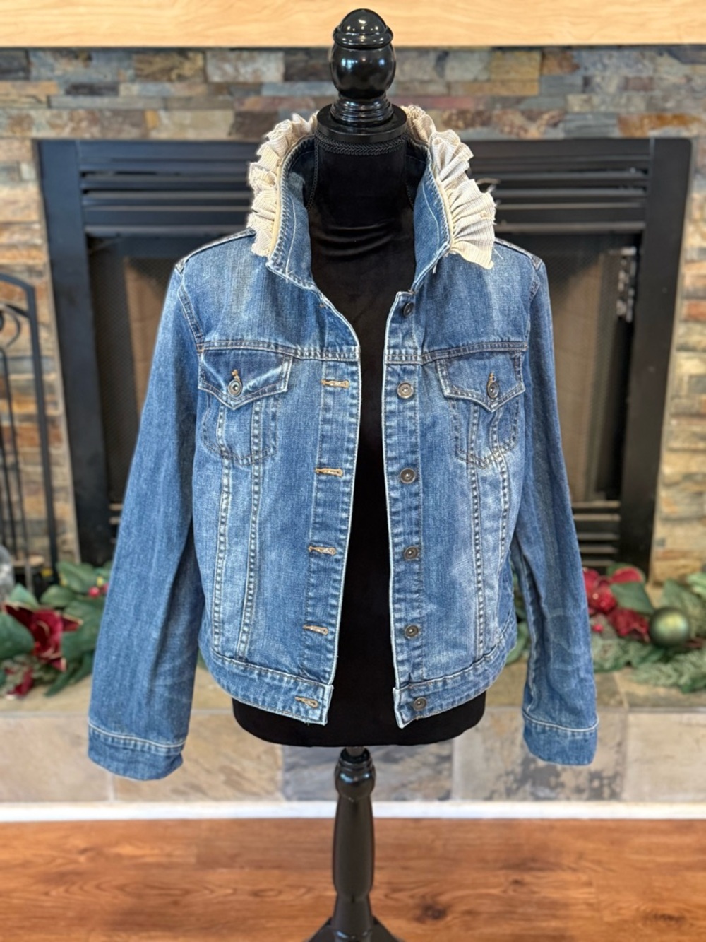 Denim Jacket with Ruffled Collar & “Dolly” themed